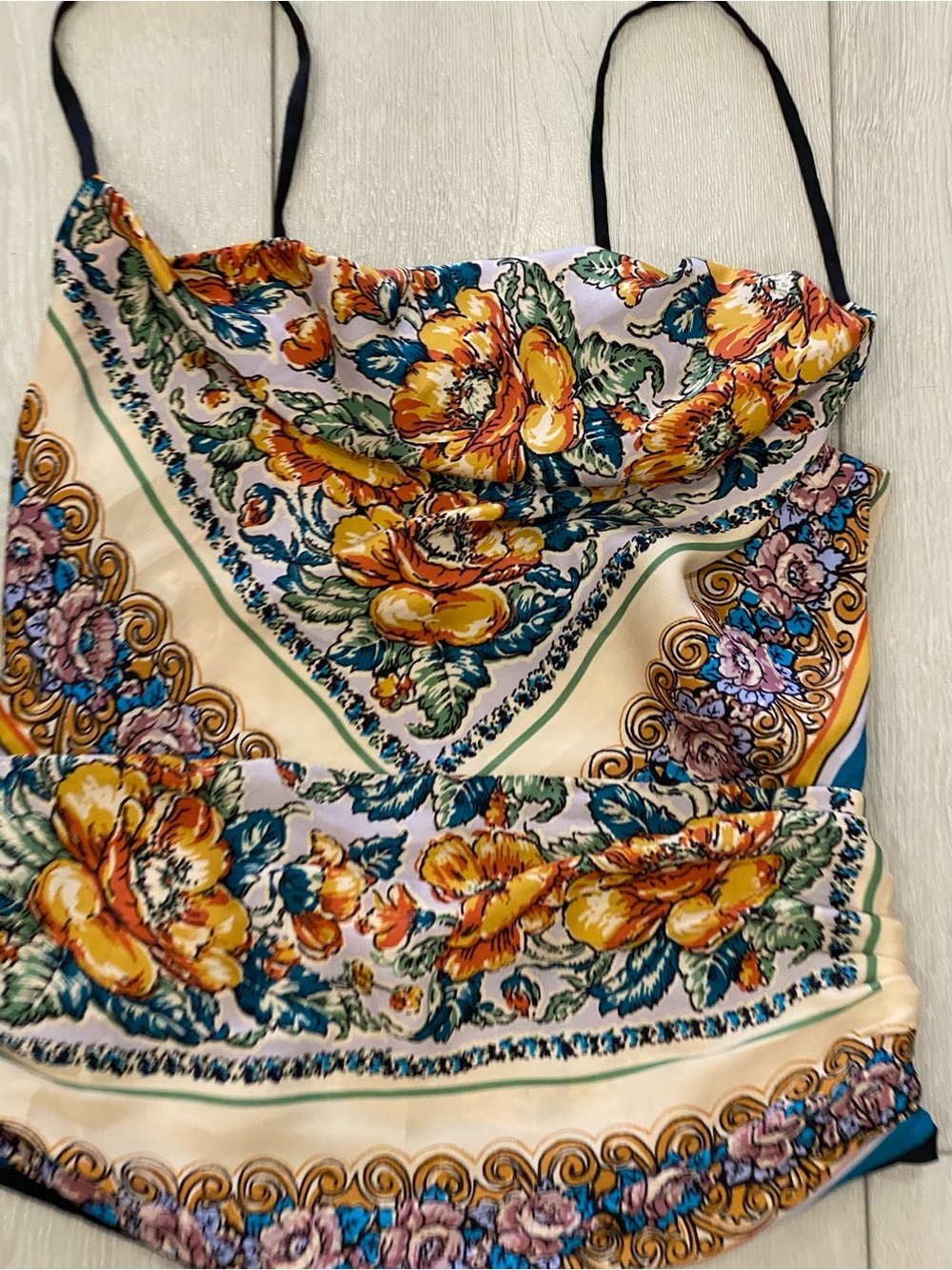 Anthropologie Cream Yellow Teal Floral Scarf-Print Spaghetti-Strap Cami